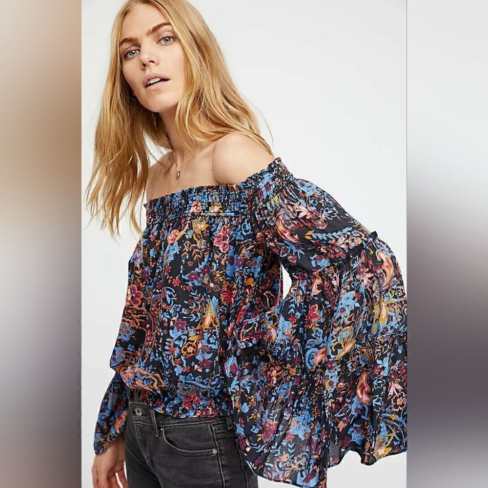 FREE PEOPLE Free Spirit Floral Off Shoulder Top XS Womens Black